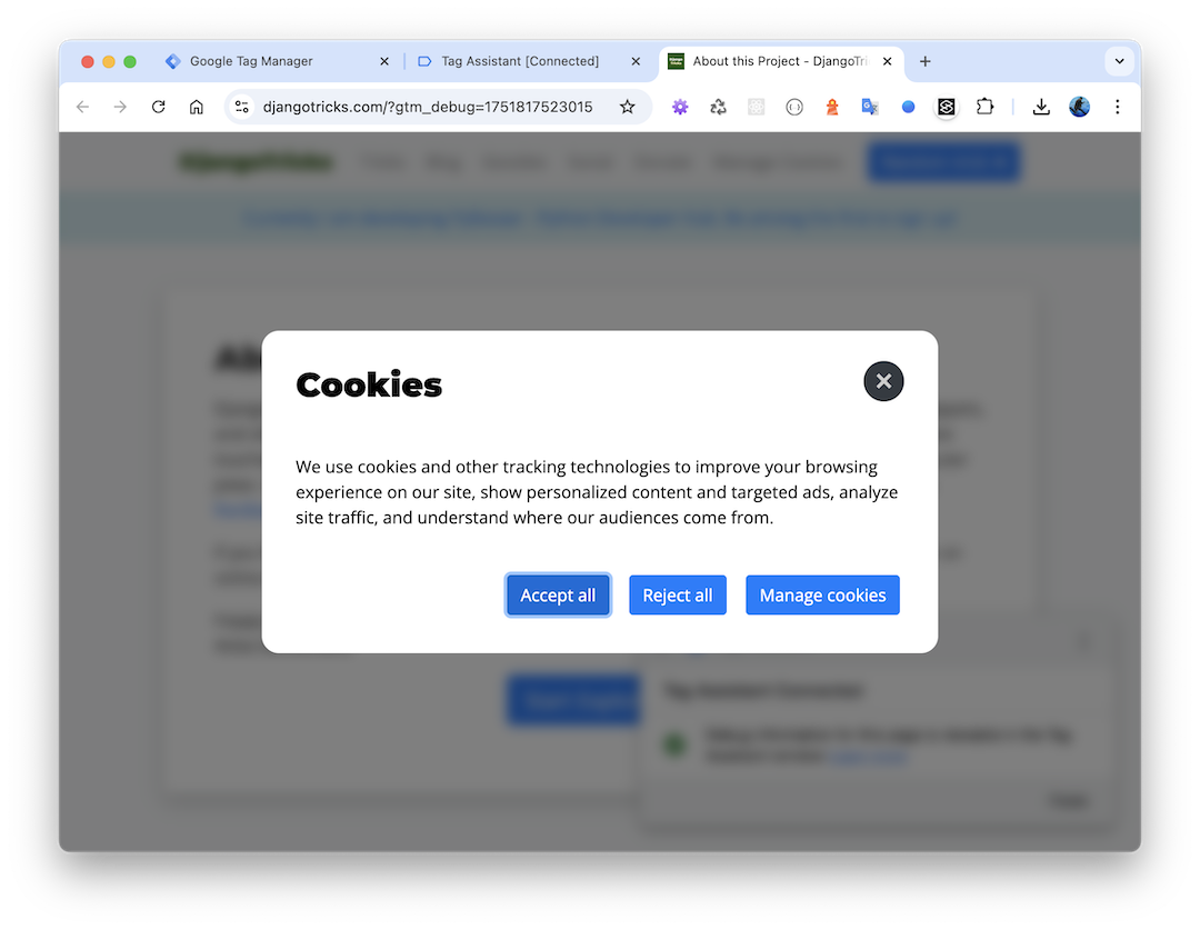 Django GDPR Cookie Consent in action