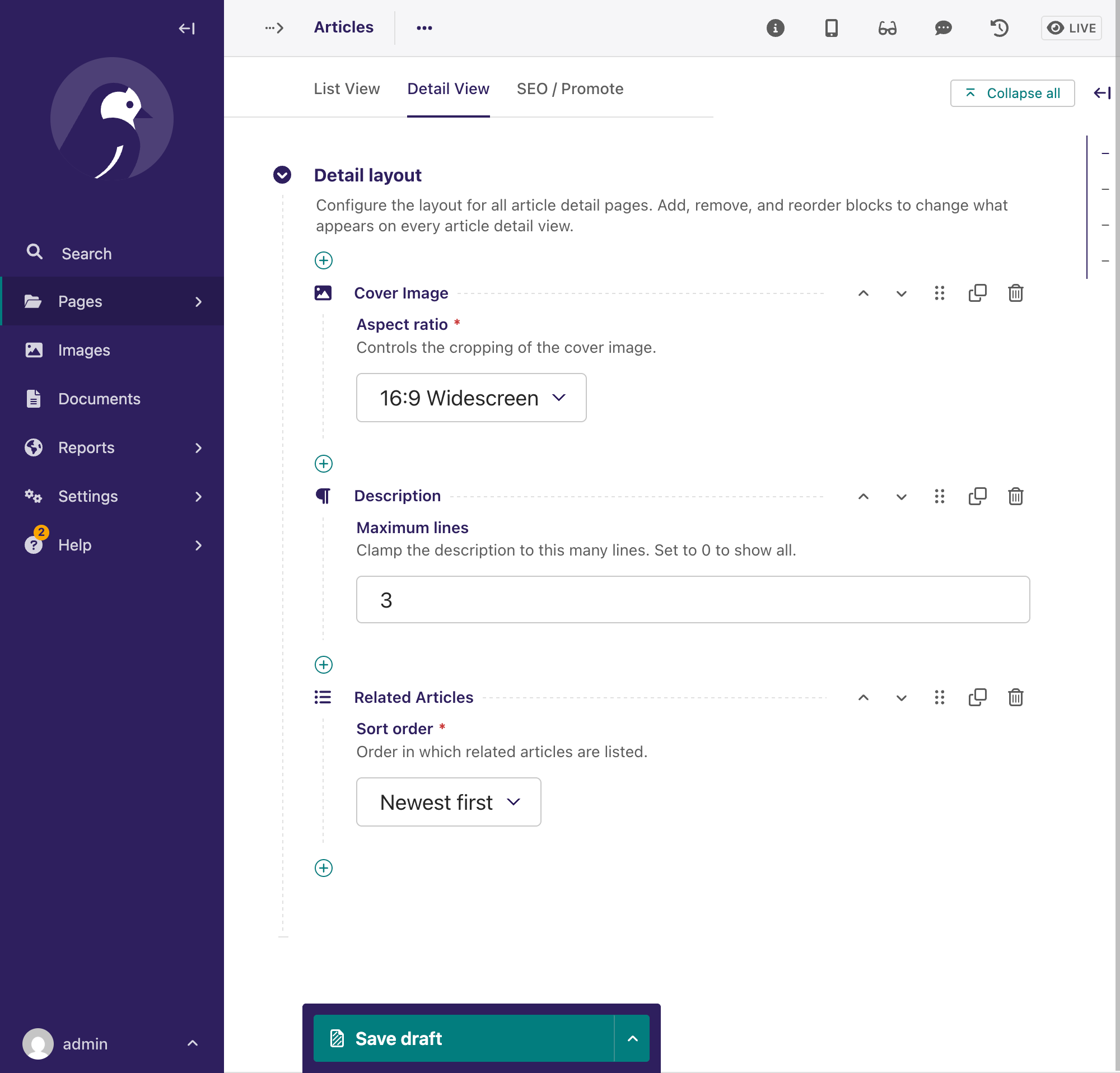 Wagtail detail layout configuration