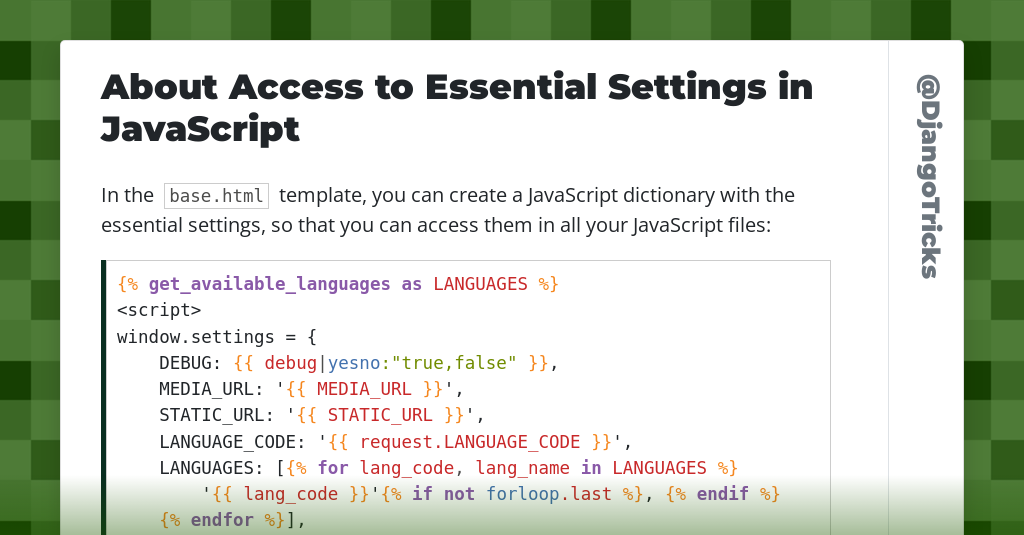 About Access to Essential Settings in JavaScript - DjangoTricks