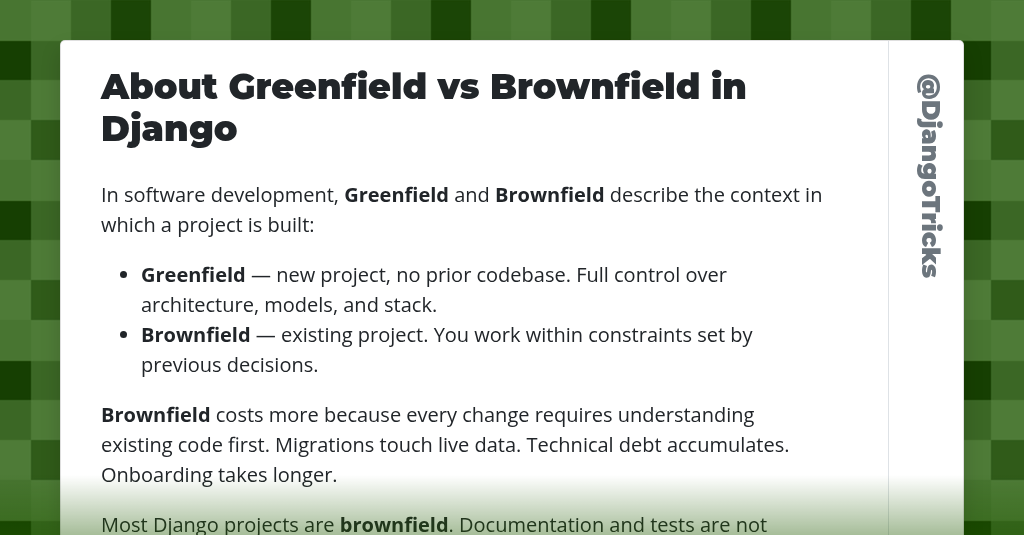 About Greenfield vs Brownfield in Django