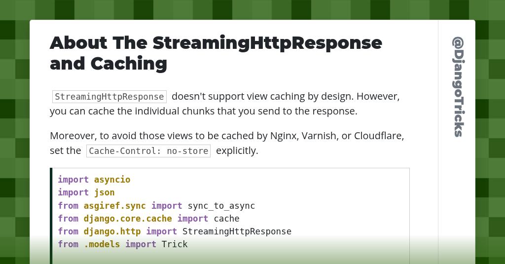 About The StreamingHttpResponse and Caching