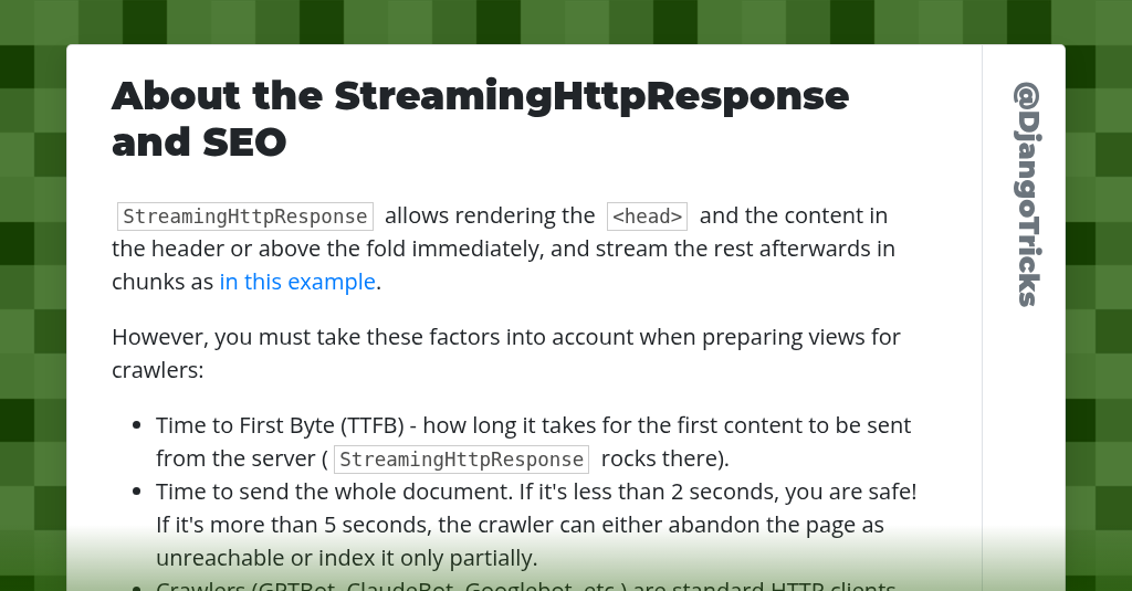 About the StreamingHttpResponse and SEO